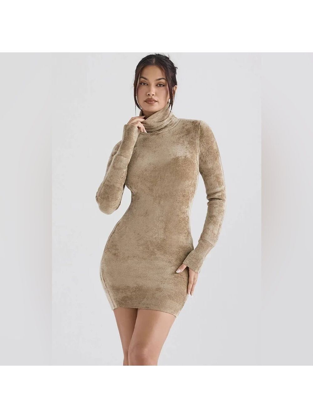 House of CB Taya Long Sleeve Chenille Minidress in Musk - Size Small